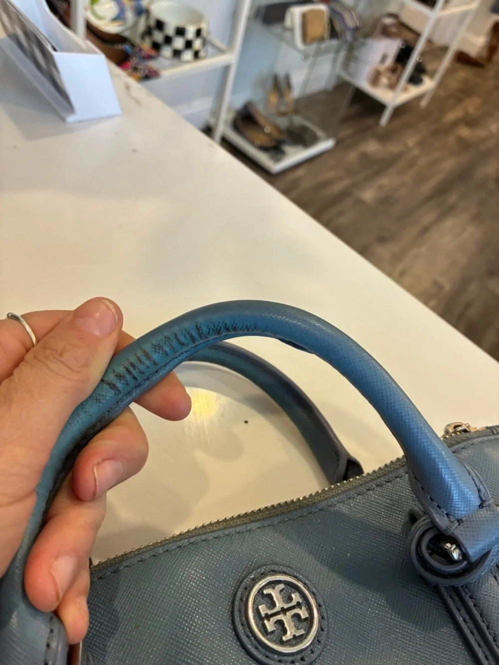 Tory Burch Blue Leather Double-Zip Satchel with Detachable Strap and silver